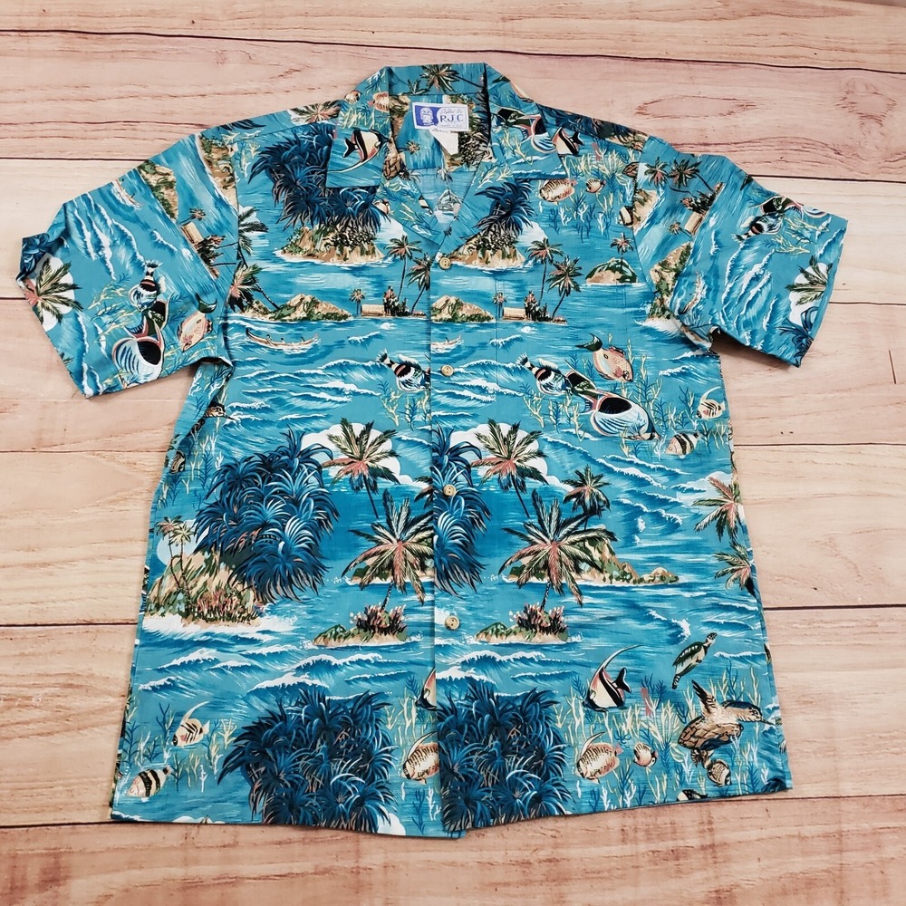 VINTAGE RJC Shirt Mens Medium Blue Outdoor Button Up‎ Hawaiian Camp Fish Adult